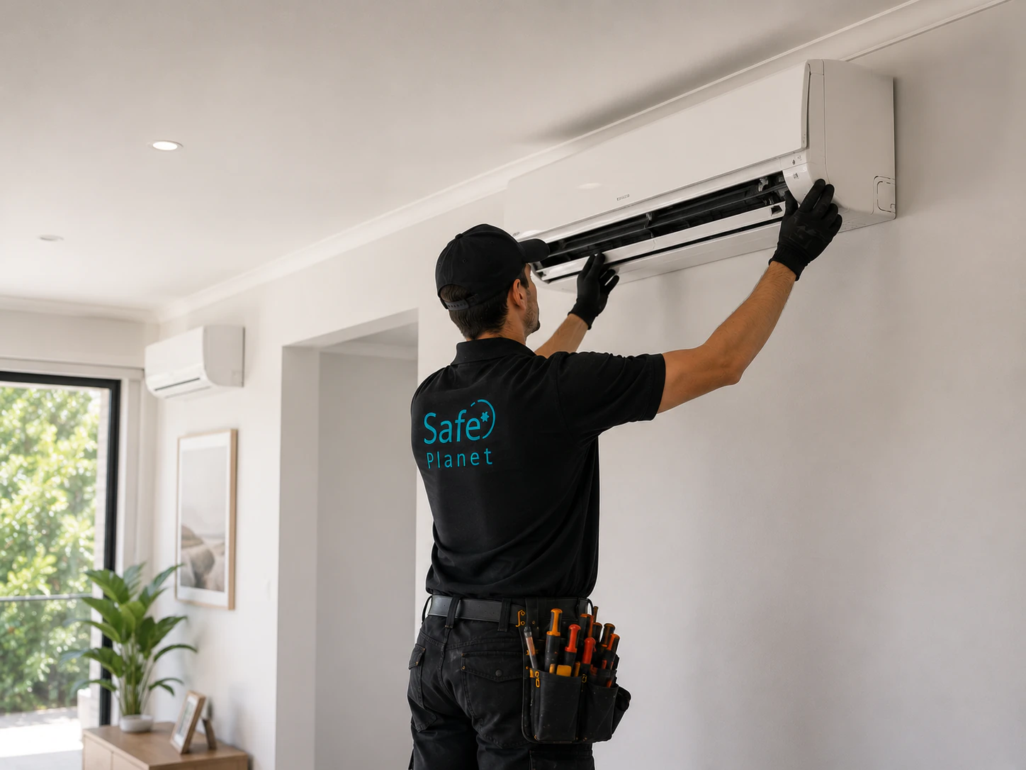 Safe Planet technician installing a wall-mounted split system air conditioner