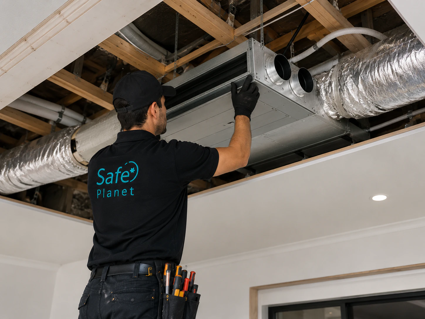 Safe Planet technician installing a ducted air conditioning unit in a ceiling space