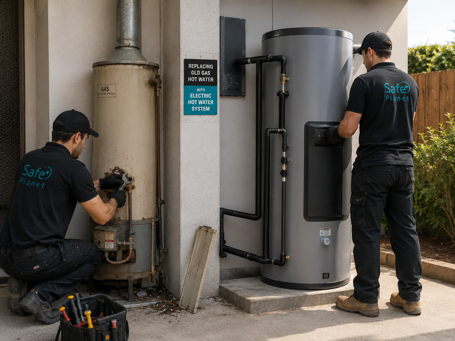 Technicians replacing an old gas hot water system with a new electric hot water system