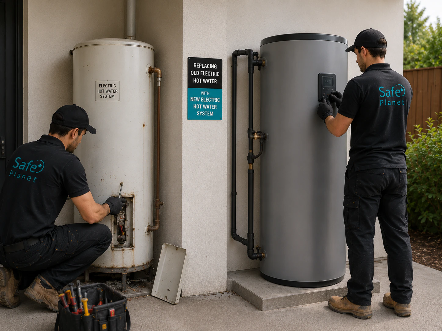 Technicians replacing an old electric hot water system with a new heat pump hot water unit