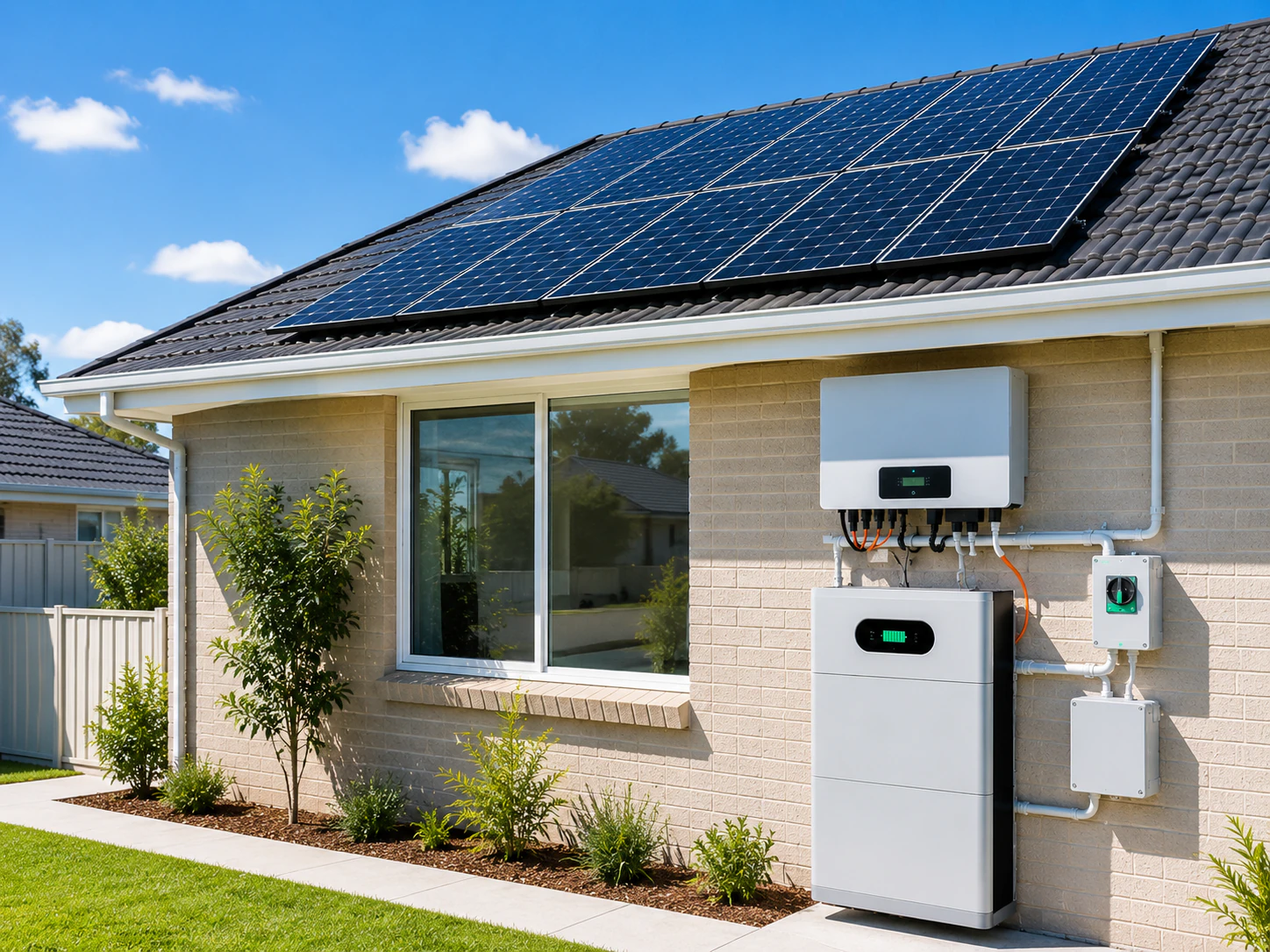 Home solar battery system storing energy generated by rooftop solar panels during the day