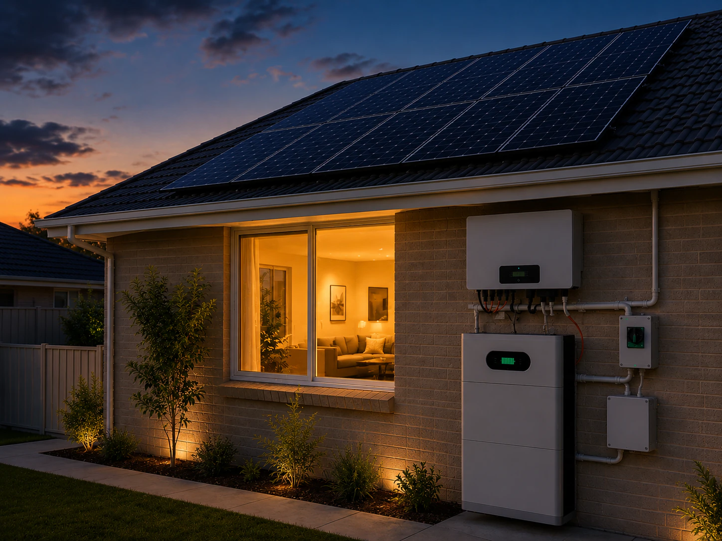 Home using stored solar battery energy in the evening after sunset