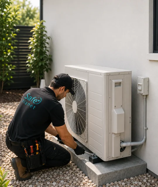 Safe Planet technician installing an outdoor air conditioning unit beside a home