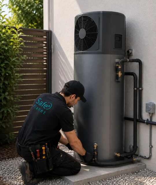 Safe Planet technician installing a heat pump hot water system at a Victorian home
